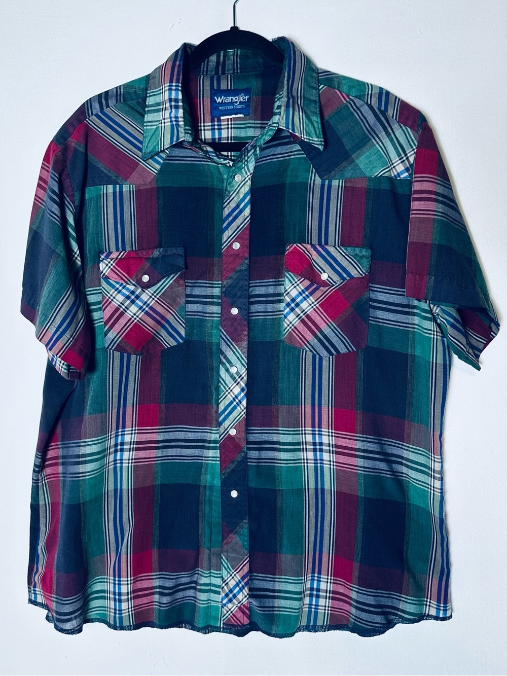 Vintage 90s Wrangler Western Short Sleeve Plaid Pearl Snap Shirt XL Rodeo